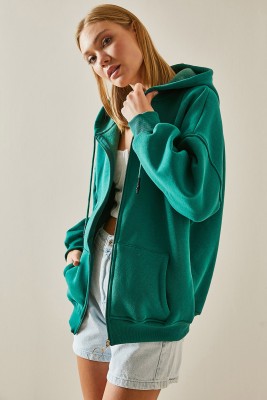 Zümrüt Yeşili Fermuarlı Kapüşonlü Sweatshirt 4KXK8-47606-44 - 6