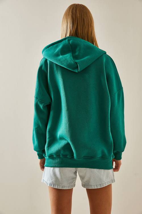 Zümrüt Yeşili Fermuarlı Kapüşonlü Sweatshirt 4KXK8-47606-44 - 7
