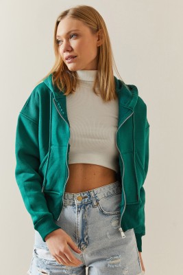 XHAN - Zümrüt Yeşili Şardonlu Fermuarlı & Kapüşonlü Sweatshirt 4KXK8-47837-44