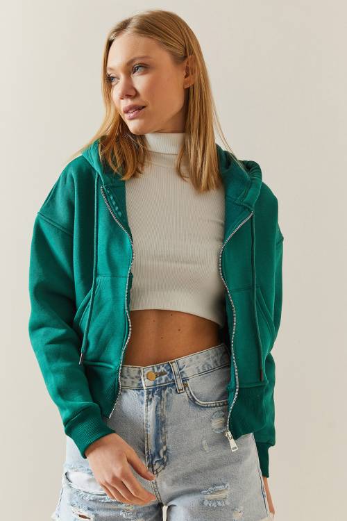 Zümrüt Yeşili Şardonlu Fermuarlı & Kapüşonlü Sweatshirt 4KXK8-47837-44 - 2