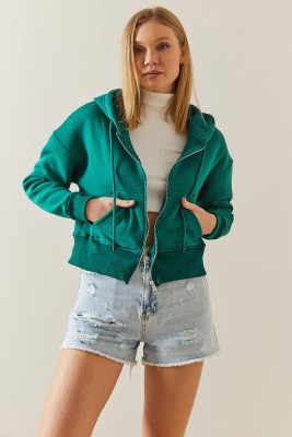 Zümrüt Yeşili Şardonlu Fermuarlı & Kapüşonlü Sweatshirt 4KXK8-47837-44 - 3