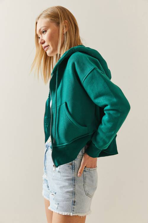 Zümrüt Yeşili Şardonlu Fermuarlı & Kapüşonlü Sweatshirt 4KXK8-47837-44 - 5