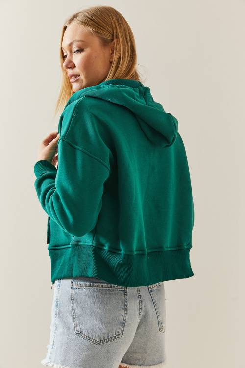 Zümrüt Yeşili Şardonlu Fermuarlı & Kapüşonlü Sweatshirt 4KXK8-47837-44 - 6